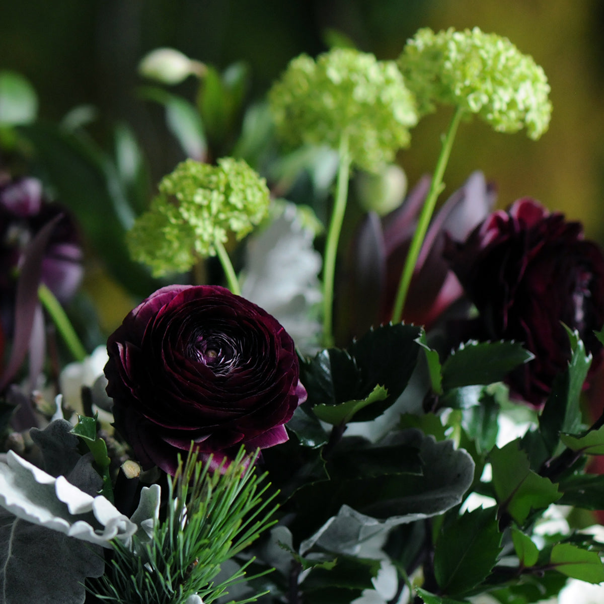 Bouquet of dark purple Ranunculus and green Viburnum with other flowers and leaves.