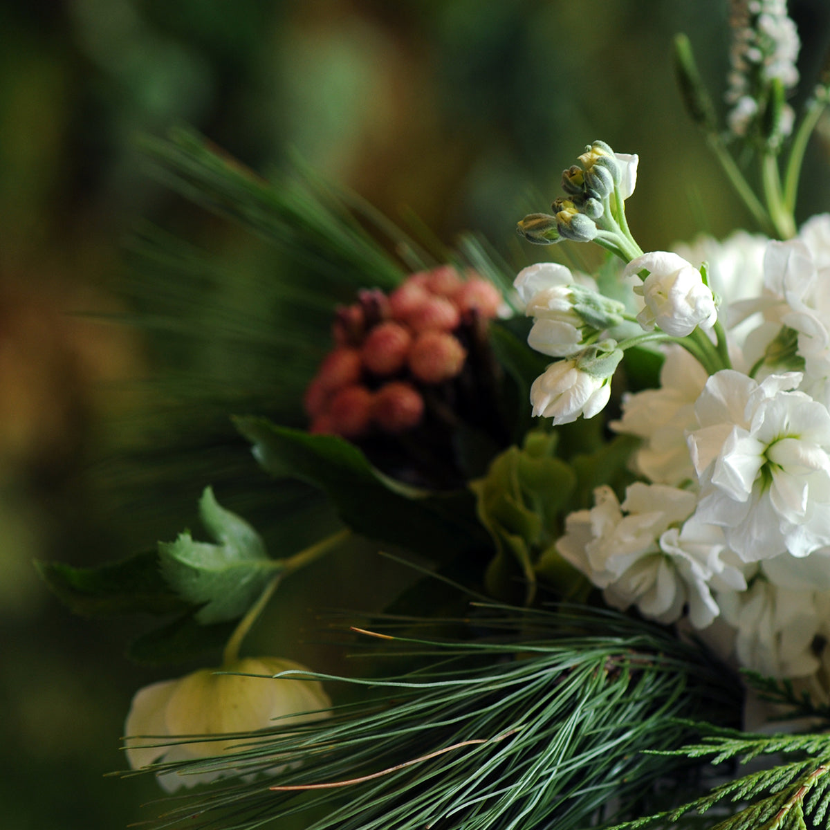 Close-up of a floral arrangement with white flowers, green leaves, and red berries.