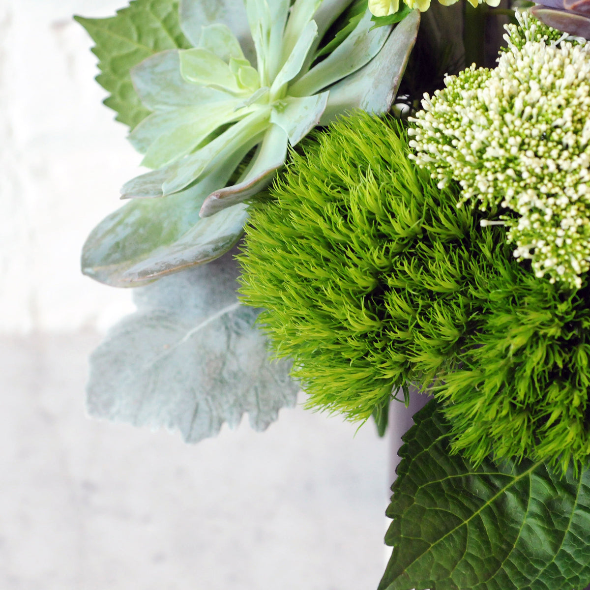 Close up of Spruce flowers Loring arrangement showing its textural elements