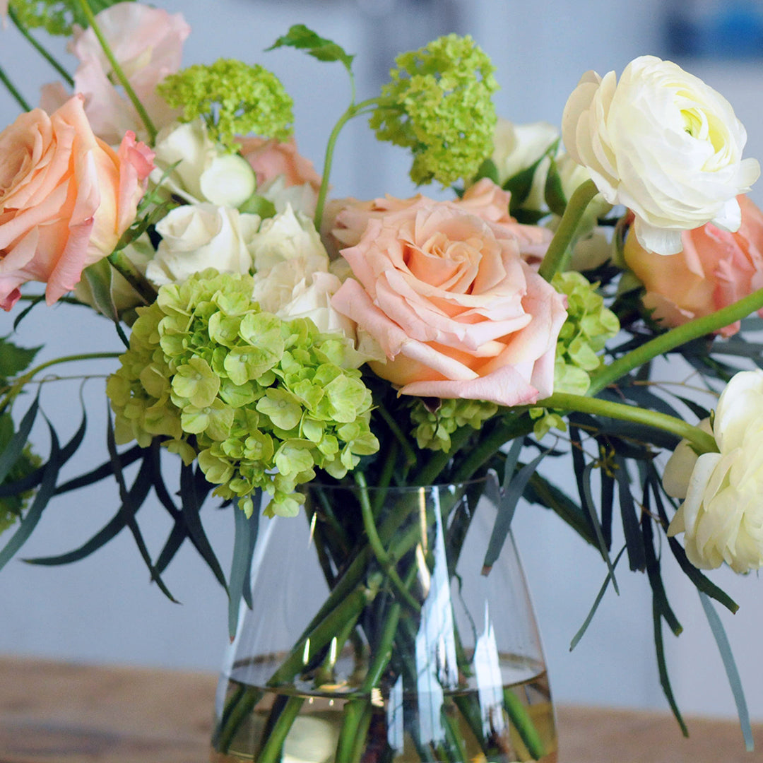 Close up view of Shimmer roses and Mini Green Hydrangea