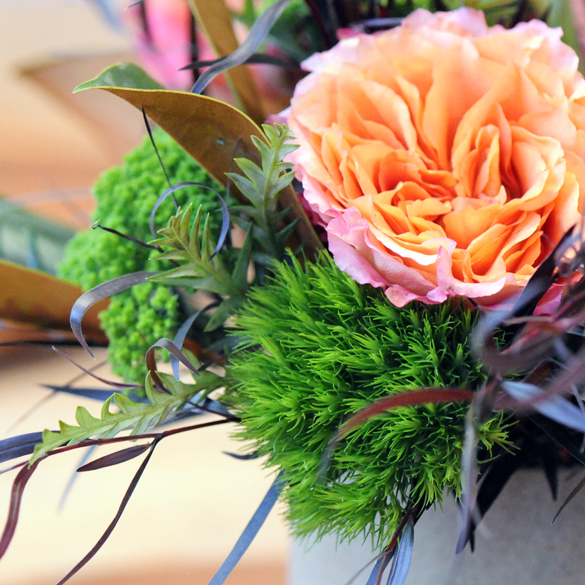 Close up of Free Spirit Roses and Trick Dianthus in Parkway floral arrangement