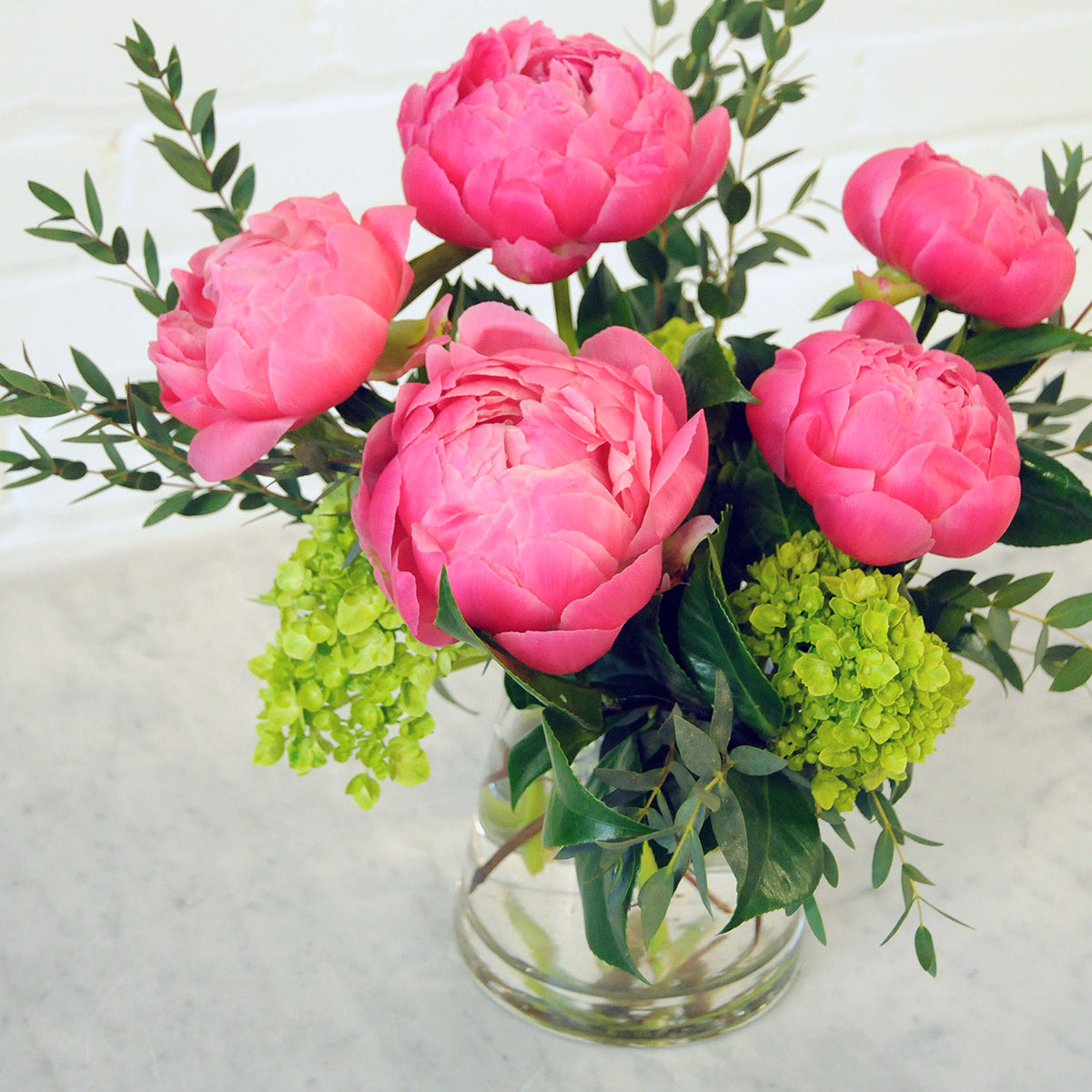 Coral Peony Flowers - close up with Mini greens and Foliage accents