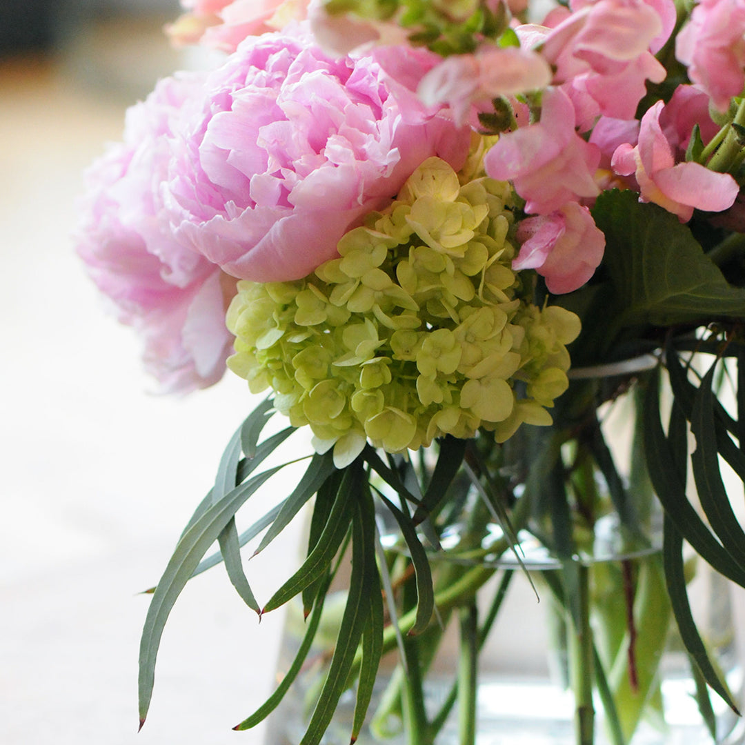 DEtail view of Hydrangea and Peonies in Victoria arrangement