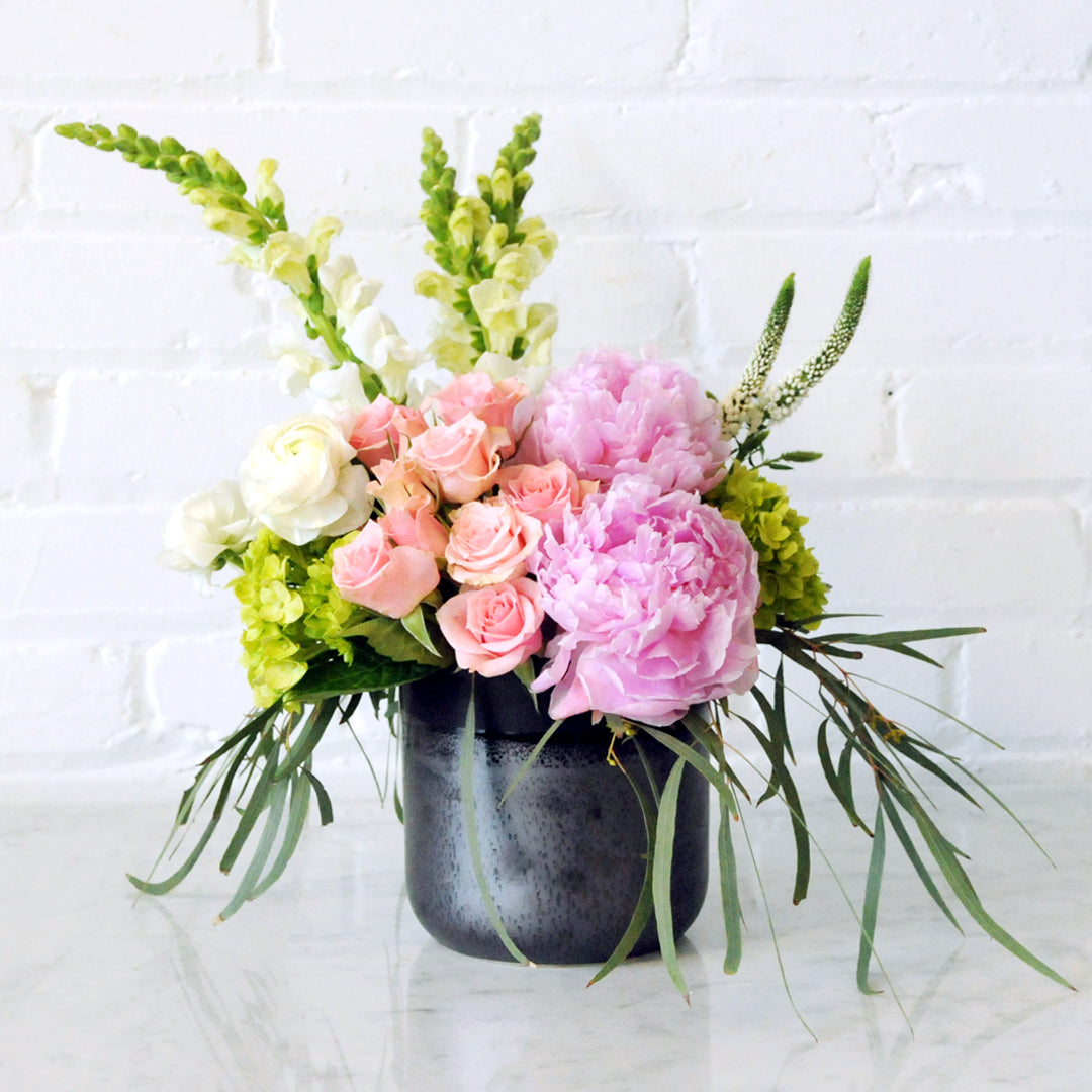 Peonies Spray rose and Snapdragons in black ceramic vase