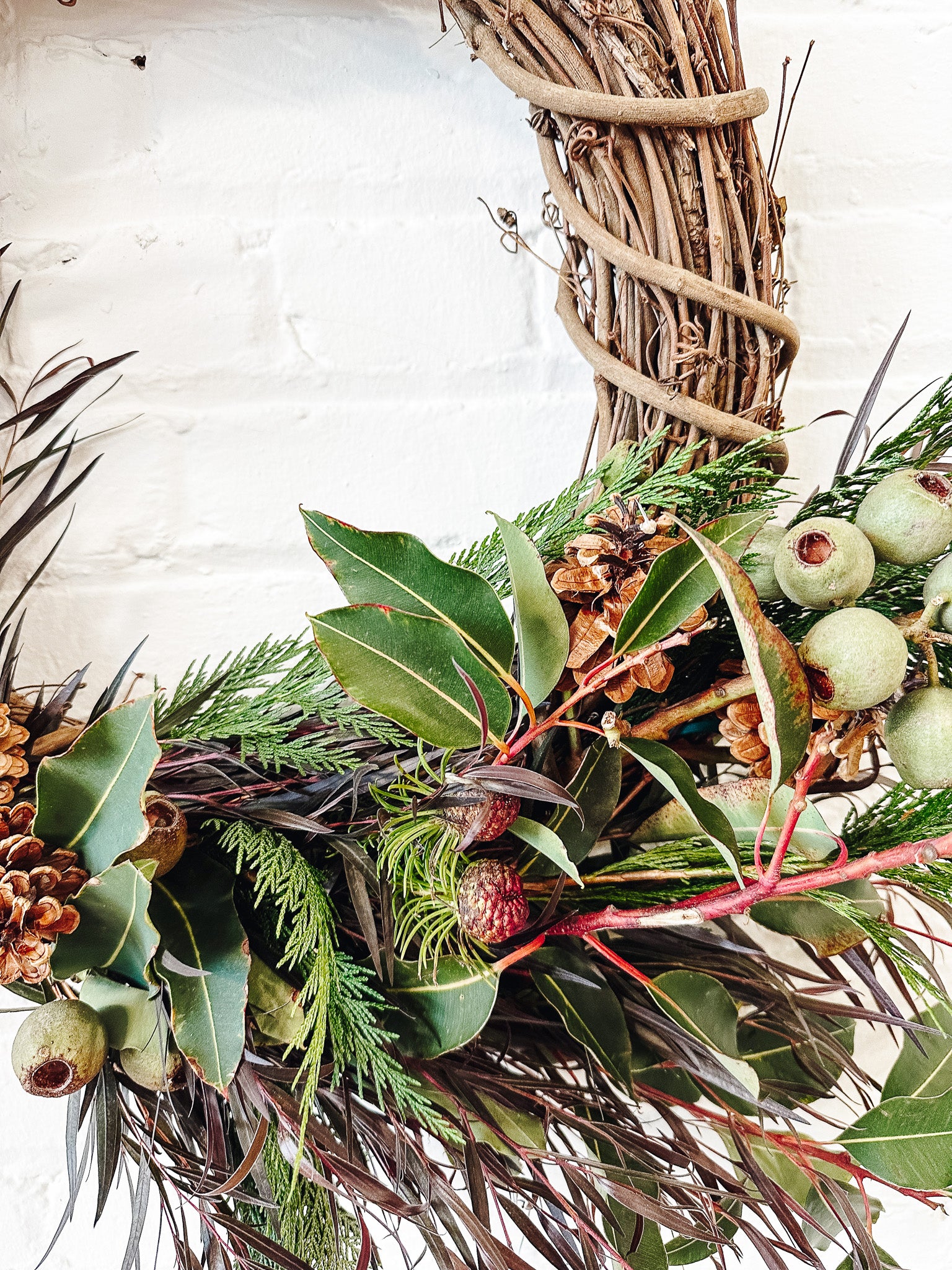 Winter greens on birch wreath with textural foliage and pod elements 