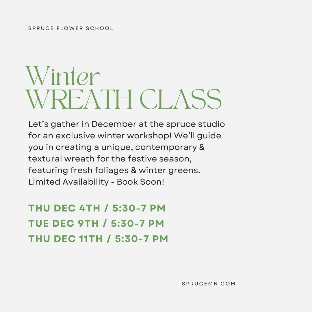 Advertisement for a winter wreath class at Spruce Flower School with event details.
