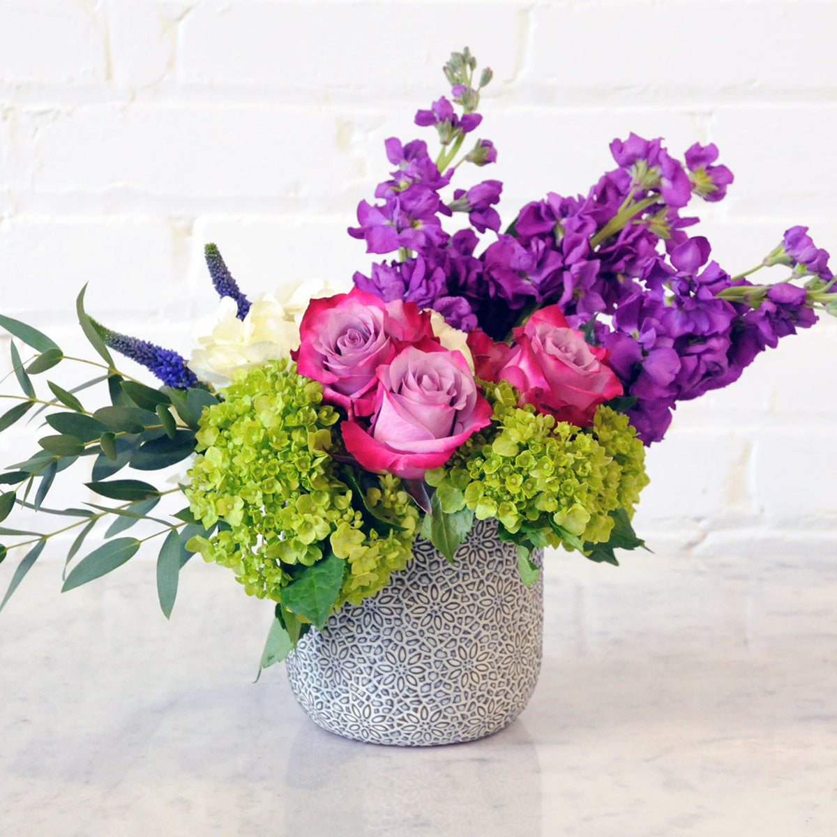 Spruce Flowers and Events York Flower arrangement, A modern mix of Classic Flowers, Hydrangea, Stock and Roses finished with veronica perfect for delivery in the St Paul & Minneapolis area