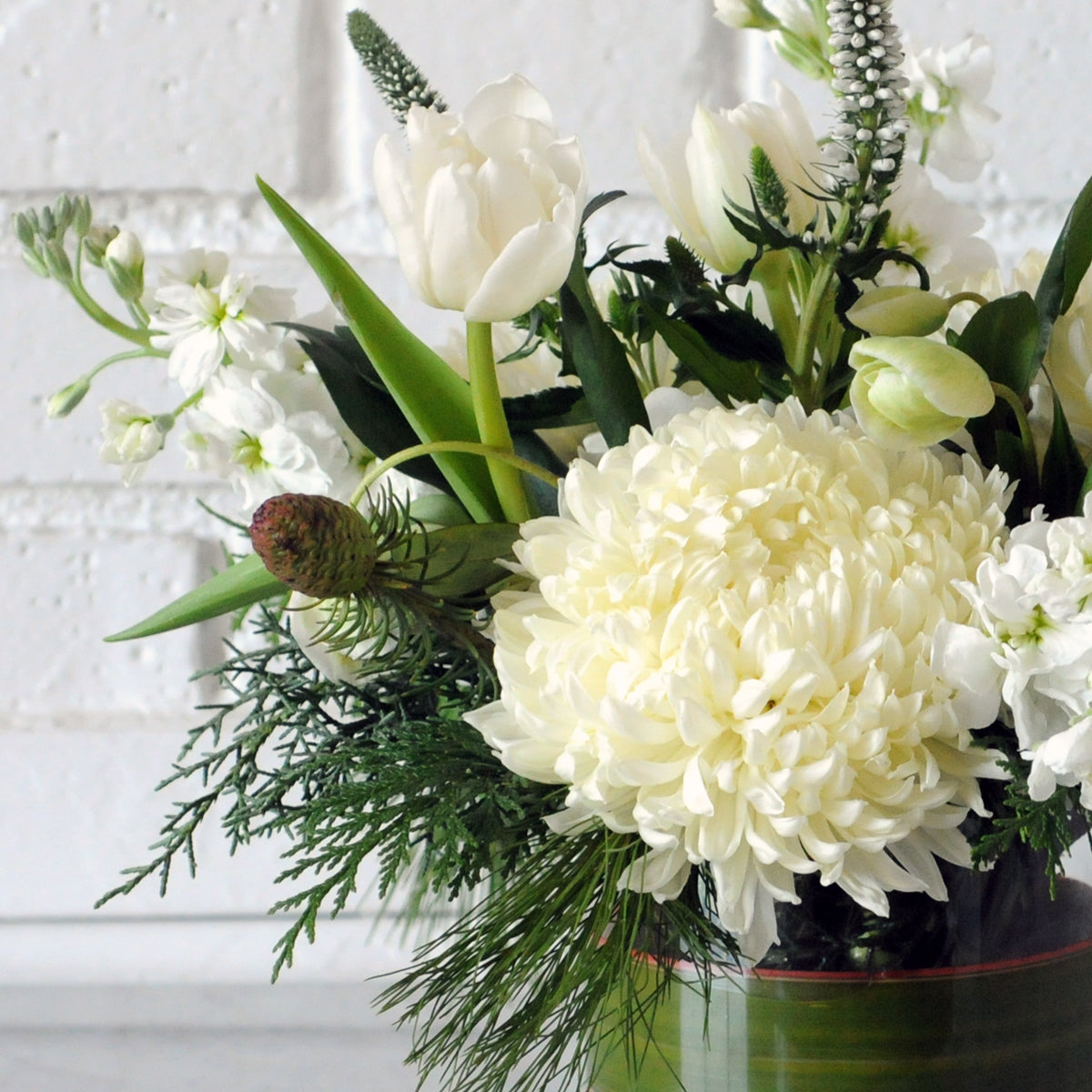 Spruce Flowers ASpen arrangement close up of Manum Chrysanthemum cedar foliage tulips and white Stock