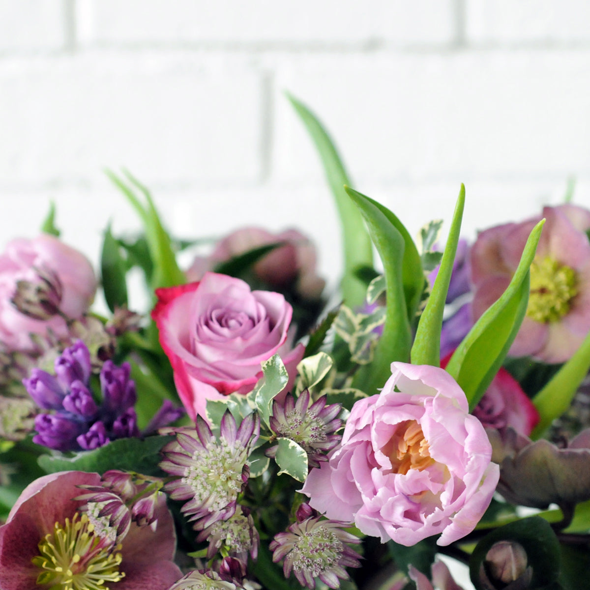 Close up of Spruce Flowers Audubon Arrangement A Spring floral celebration in purple with Hyacinth, Tulips and Roses created to celebrate International Women's Day on March 8th. Spruce will donate $15 from each arrangement to the Women's Foundation of Minnesota .