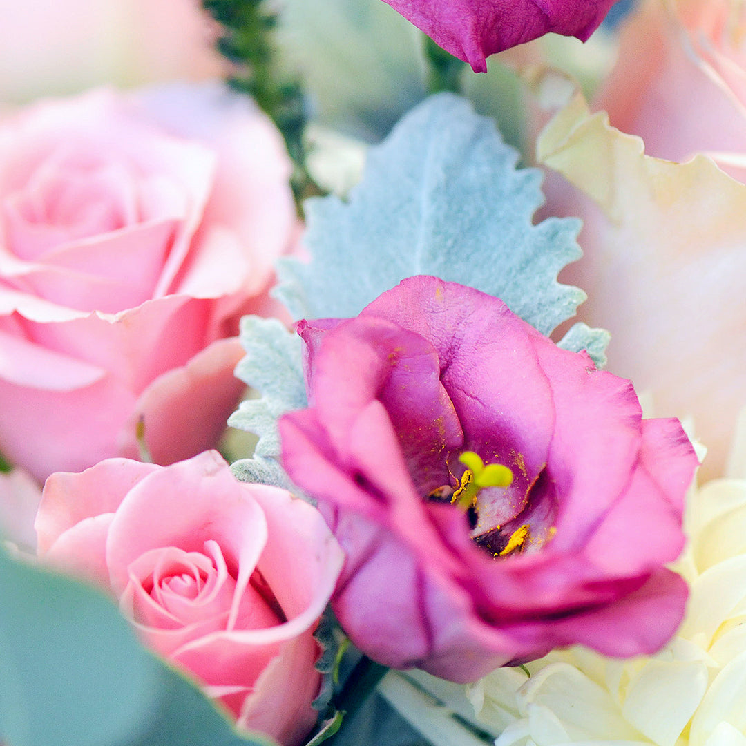 Close up of Lisianthus in Spruce Flowers Blaisdell arrangement