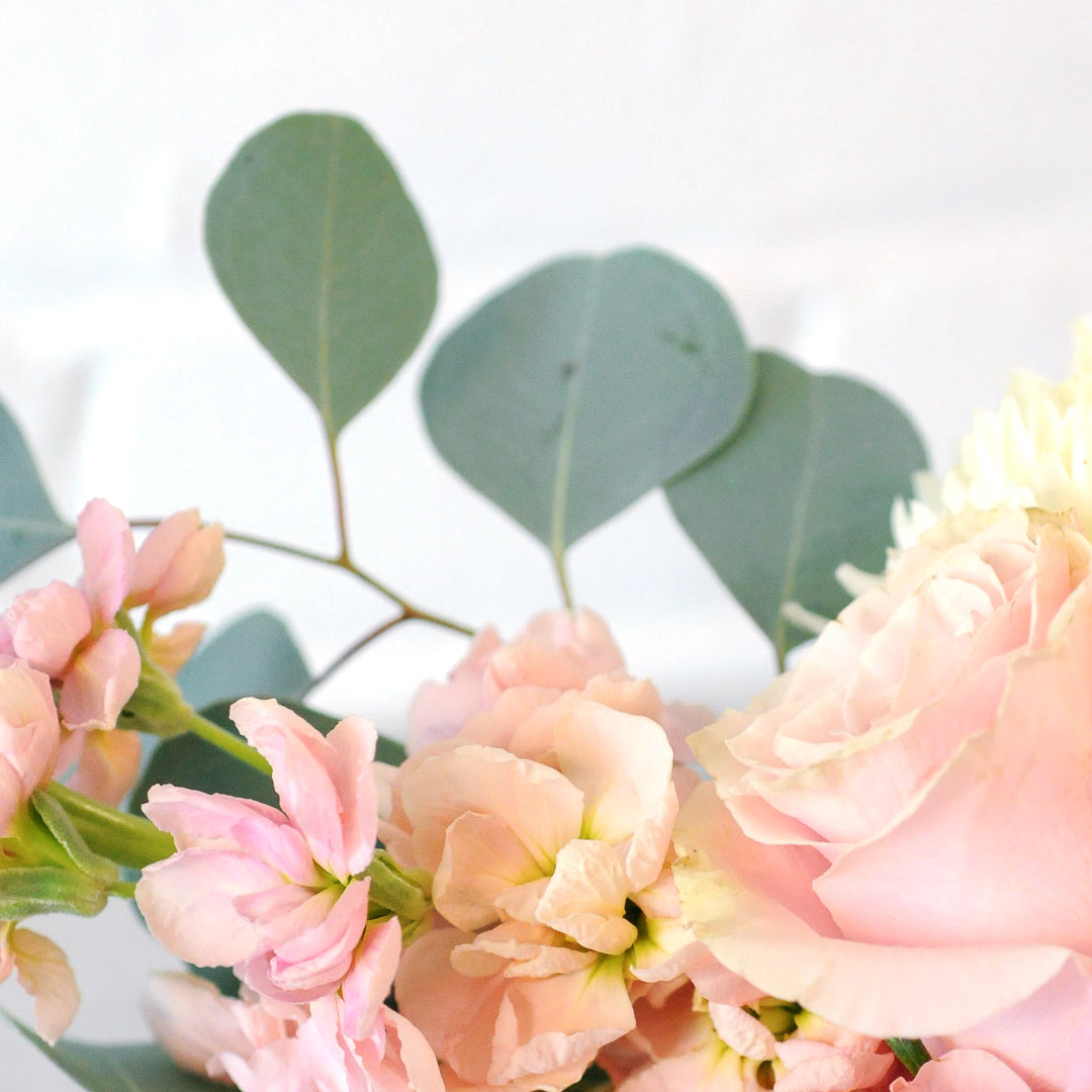 Soft Pink Stock and Mondial Roses close up featured in Spruce Flowers Blaisdell Arrangement