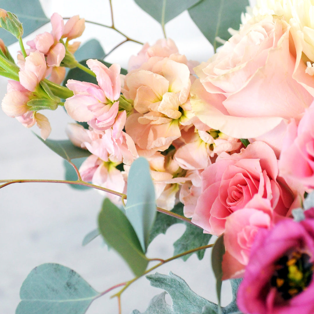 Detail view of petals of the fresh blooms in Spruce Flowers Blaisdell arrangement