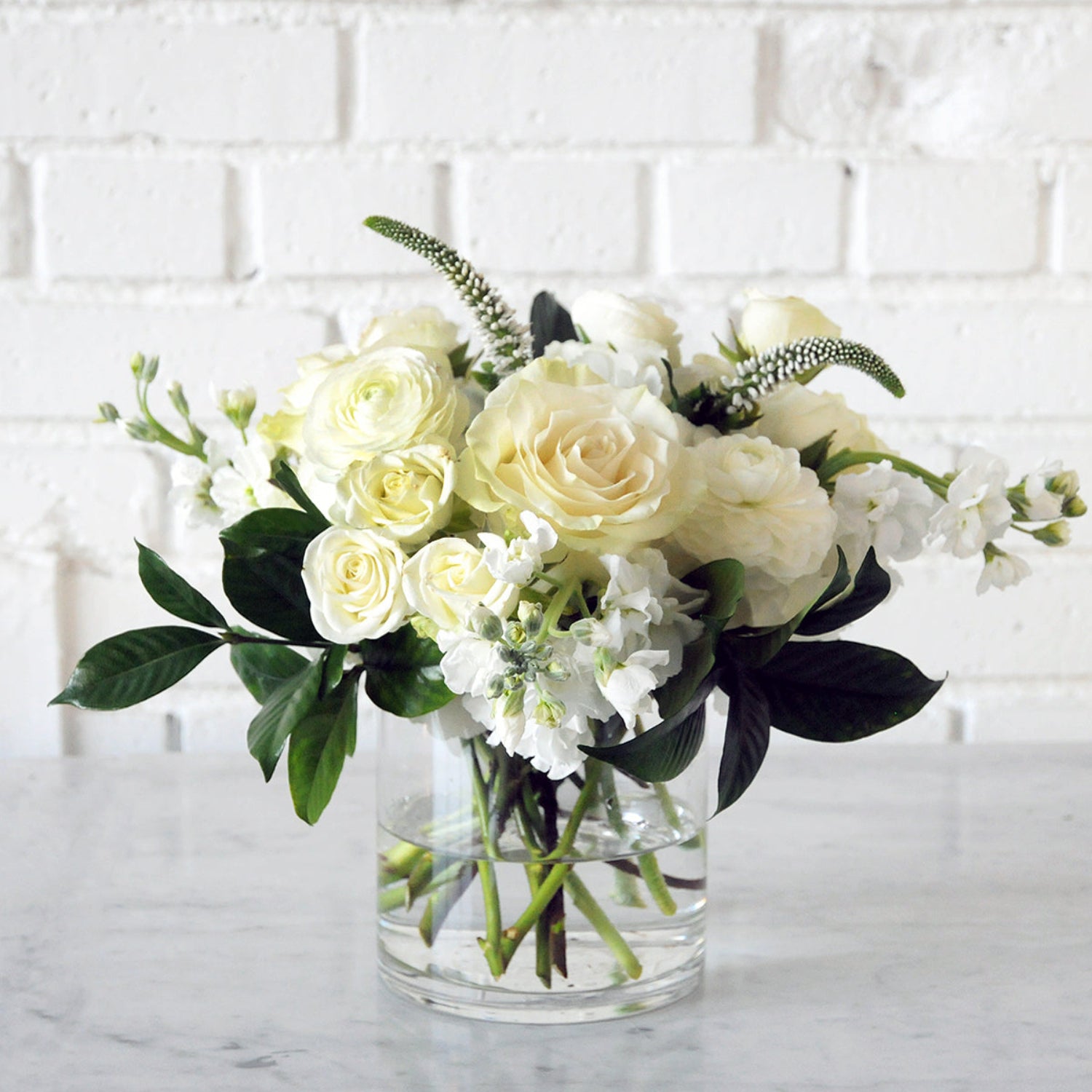 Monochromatic White fresh floral arrangement with dark green foliage in a clear glass cylinder vase. Image is an example of the styling rather than the exact arrangement that will be sent
