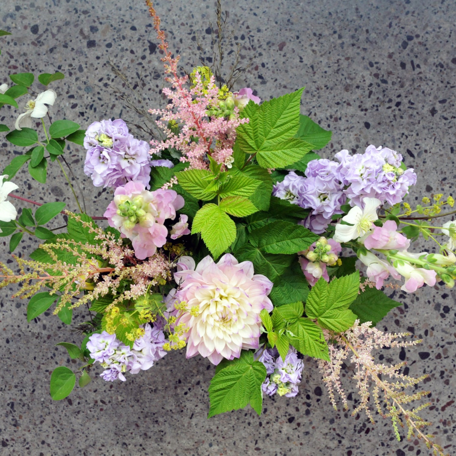Top down view of the larpenteur arrangement showing pastel pinks and purples