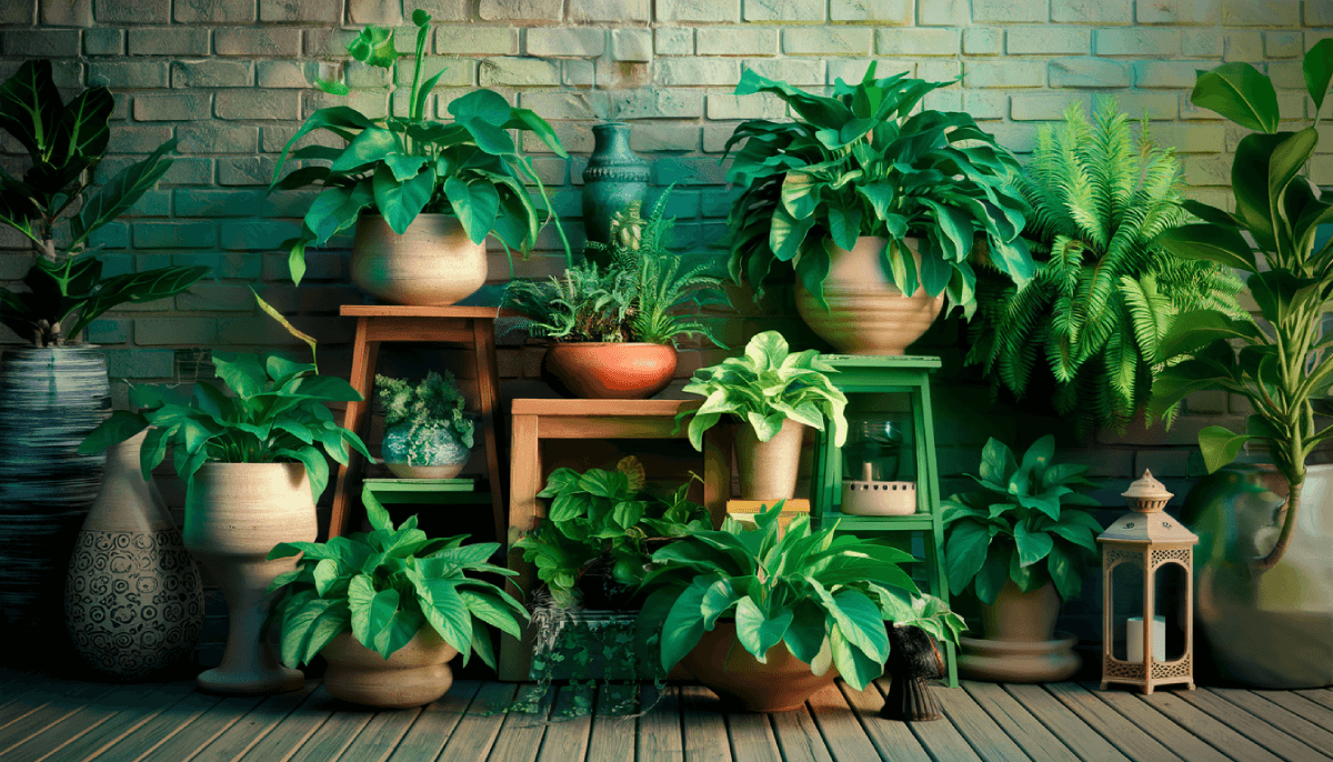 collection of green plants on benches 