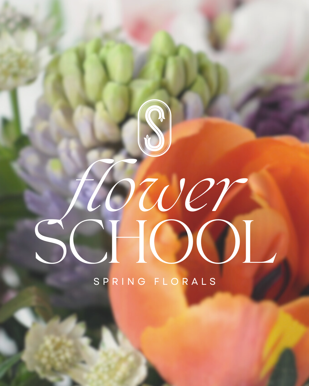 Floral arrangement with 'flower school' text overlay