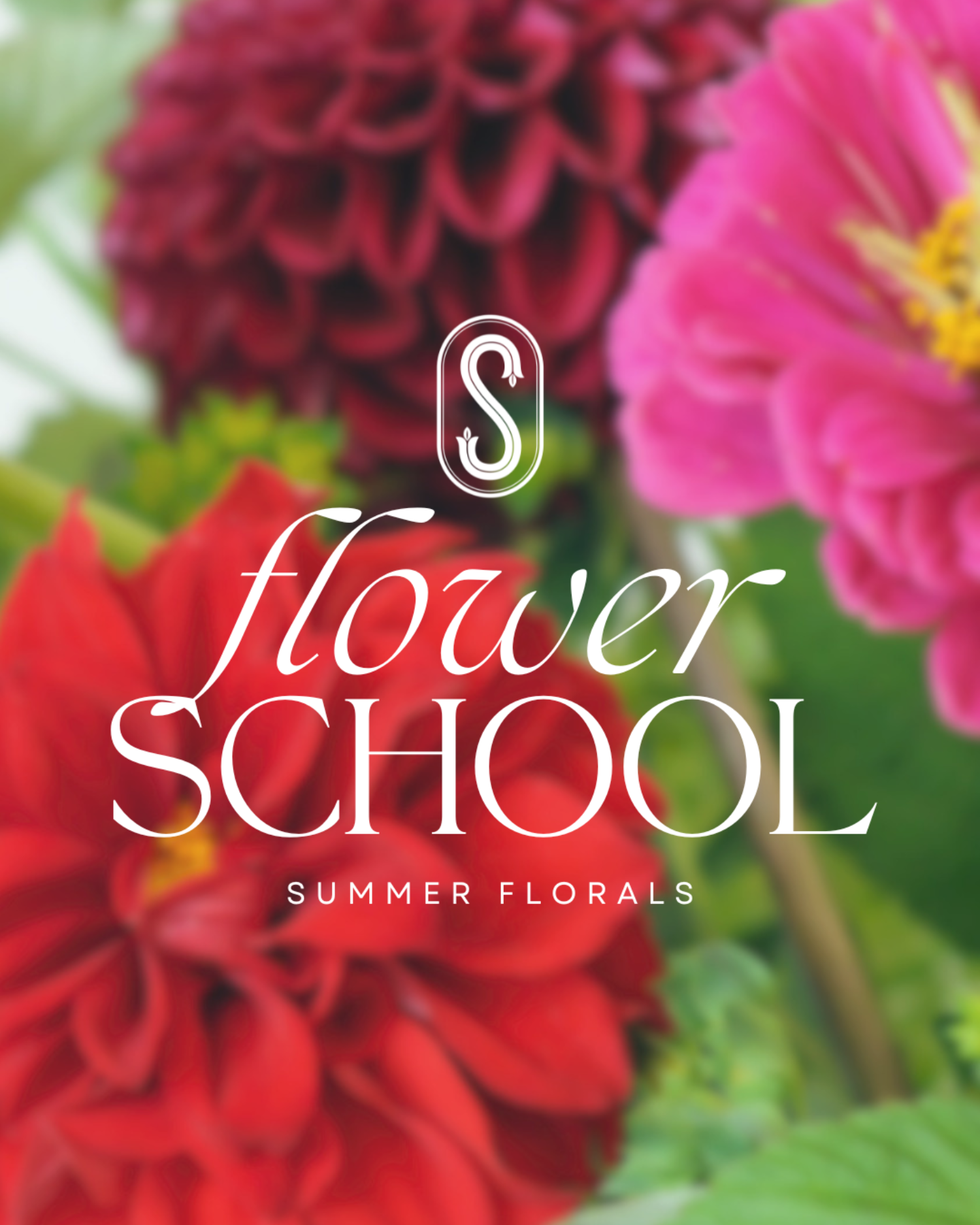 Promotional graphic for 'flower SCHOOL SUMMER FLORALS' featuring a white stylized 'S' logo and elegant typography over a blurred background of vibrant red and pink dahlias with green foliage.