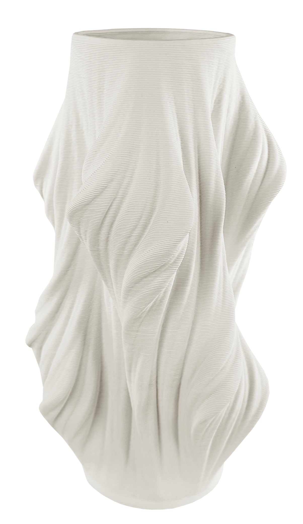 3D printed ceramic white vase organically shaped like draped fabric