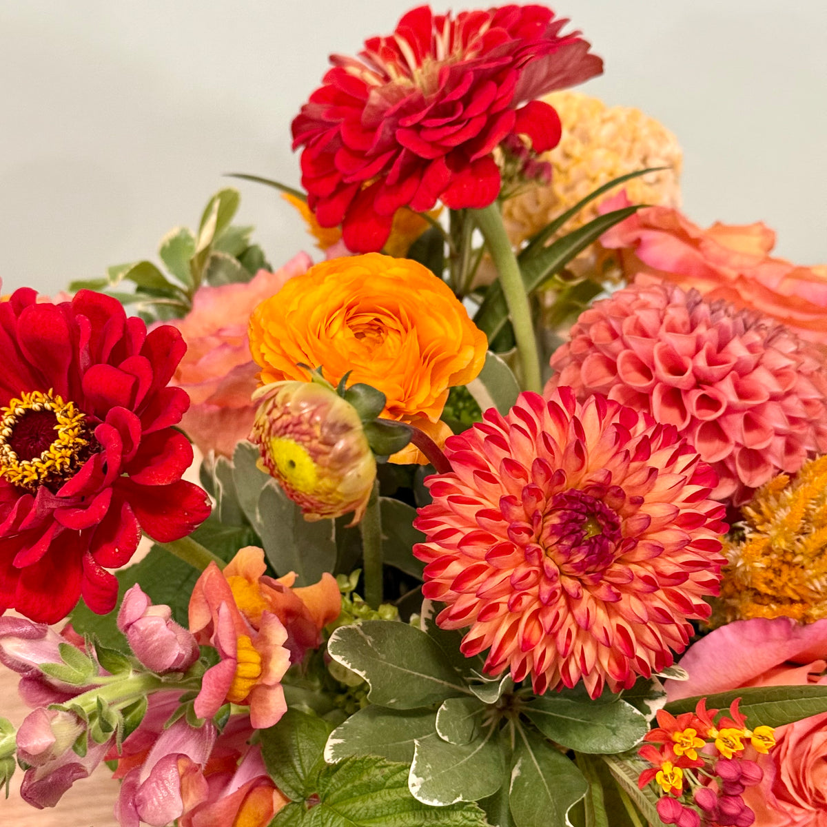 A close-up arrangement of vibrant cut flowers, including red and orange zinnias, a peach ranunculus, pink dahlia, and green foliage, set against a soft light gray background.