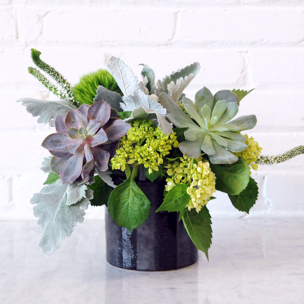 Spruce Flowers Loring Arrangement in a Black Ceramic Vase, showing its textural foliges and feature Sedum tips