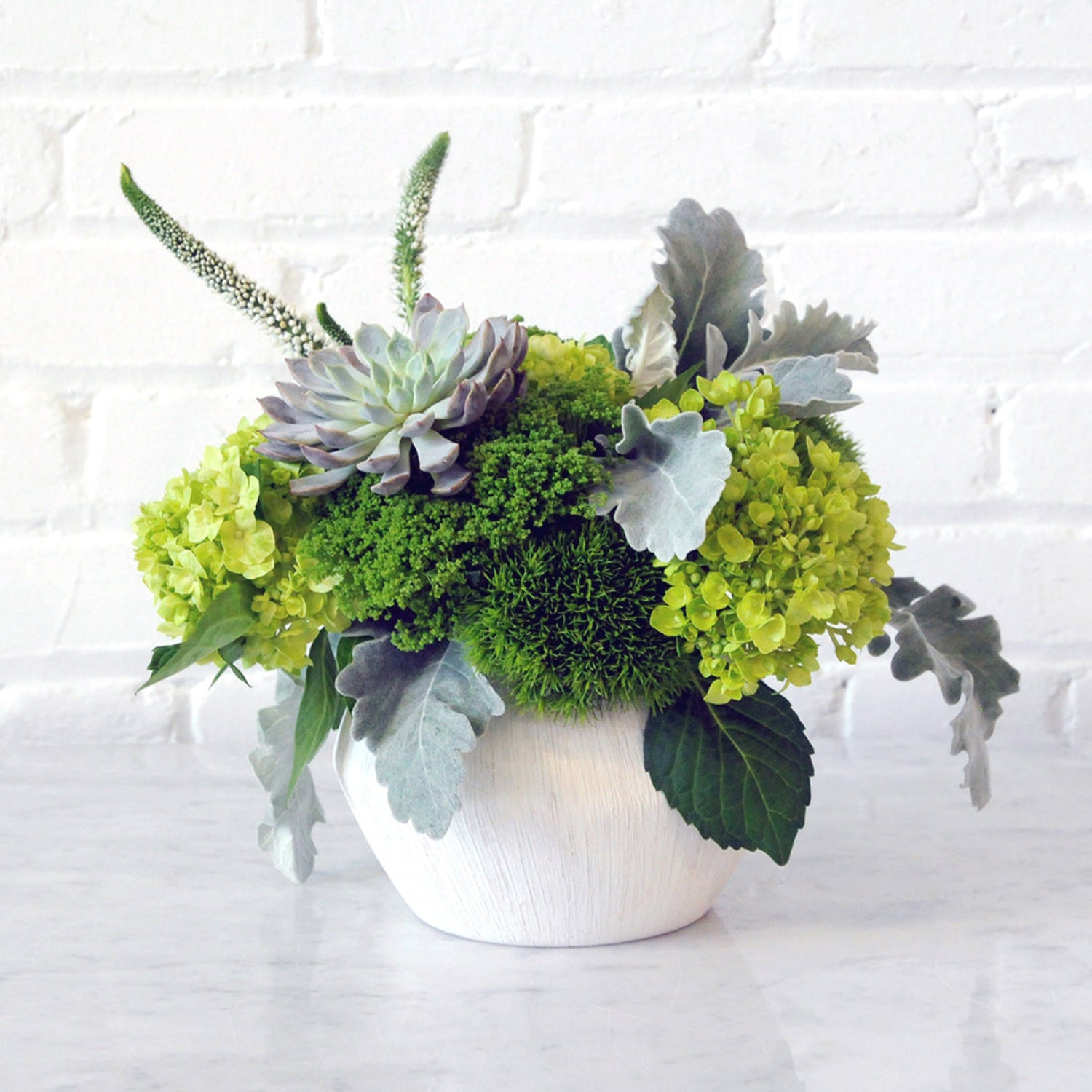 Front view of the loring arrangement in a small white ceramic vase