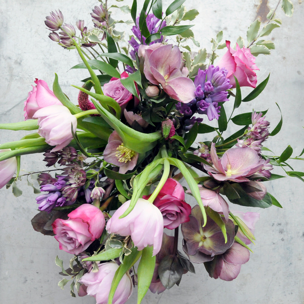 Spruce Flowers Audubon Arrangement A top down view of a Spring floral celebration in purple with Hyacinth, Tulips and Roses created to celebrate 2023 International Women's Day on March 8th. Spruce will donate $15 from each arrangement to the Women's Foundation of Minnesota .