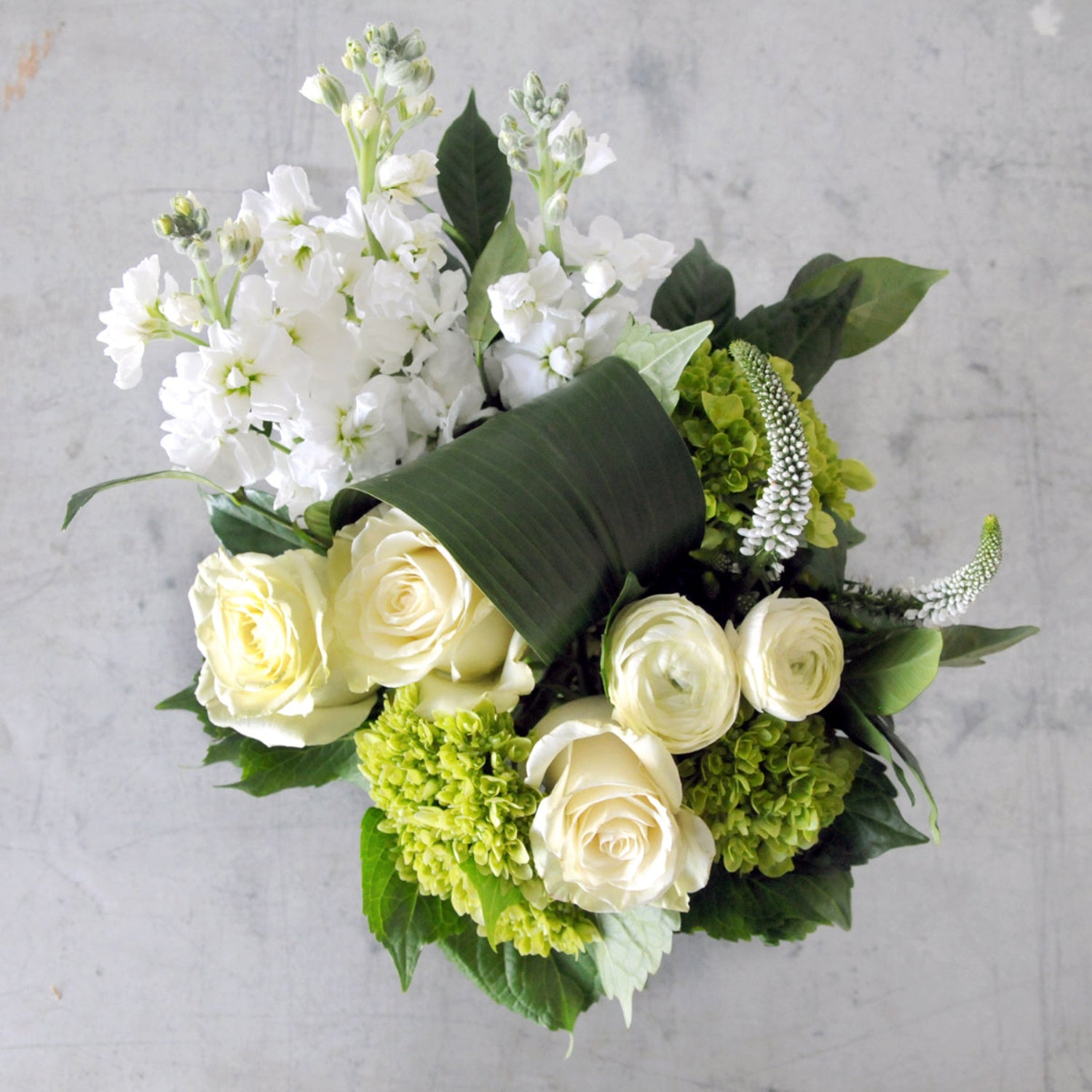 Top down view of white floral arrangement with green hydrangea. Image is an example of the styling rather than the exact arrangement that will be sent 