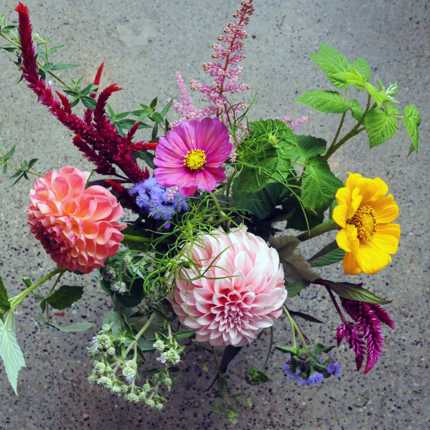 Top down view of the Larpenteur arrangement featuring dahlias and zinnias 